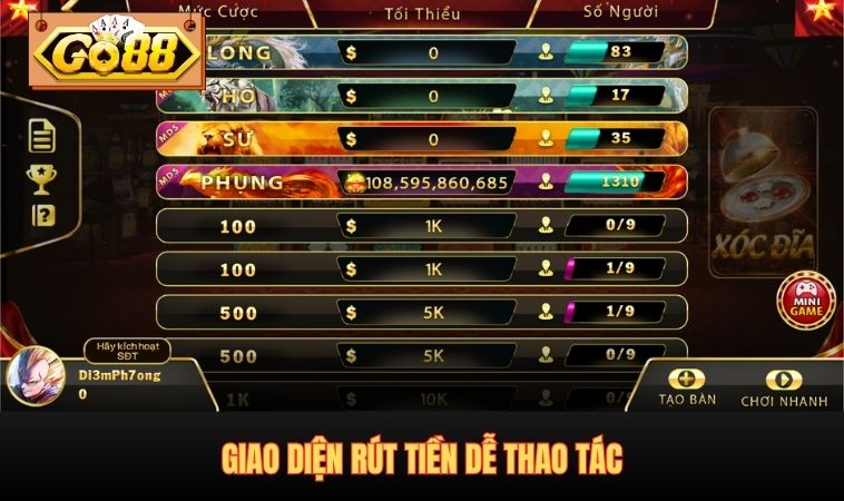 Giao diện rút tiền dễ thao tác