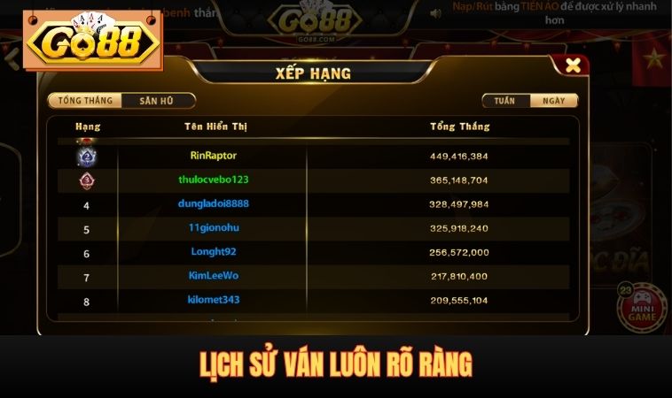 Lịch sử ván luôn rõ ràng